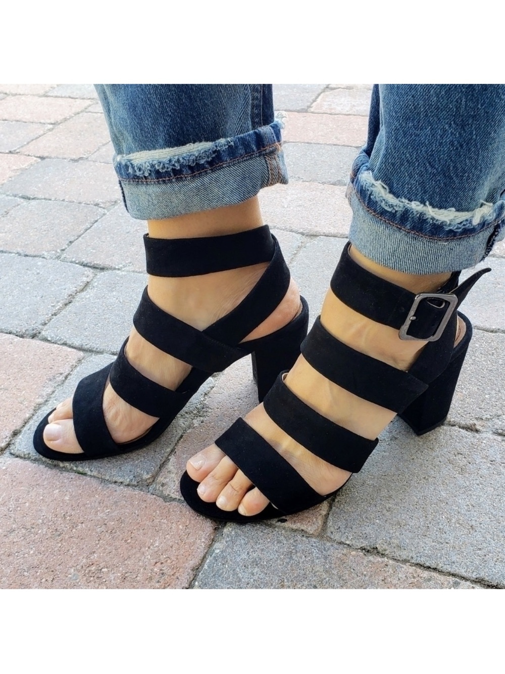 Vionic Black Suede Strappy Stacked Block Heel Blaire Sandals Heels New 6 6.5